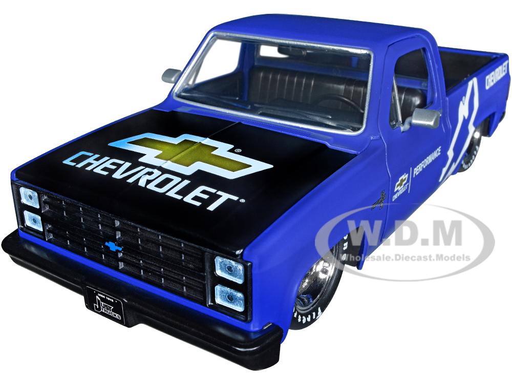 1985 Chevrolet C10 Pickup Truck Matt Blue with Black Hood "Chevrolet Performance" "Just Trucks" Series 1/24 Diecast Model Car by Jada