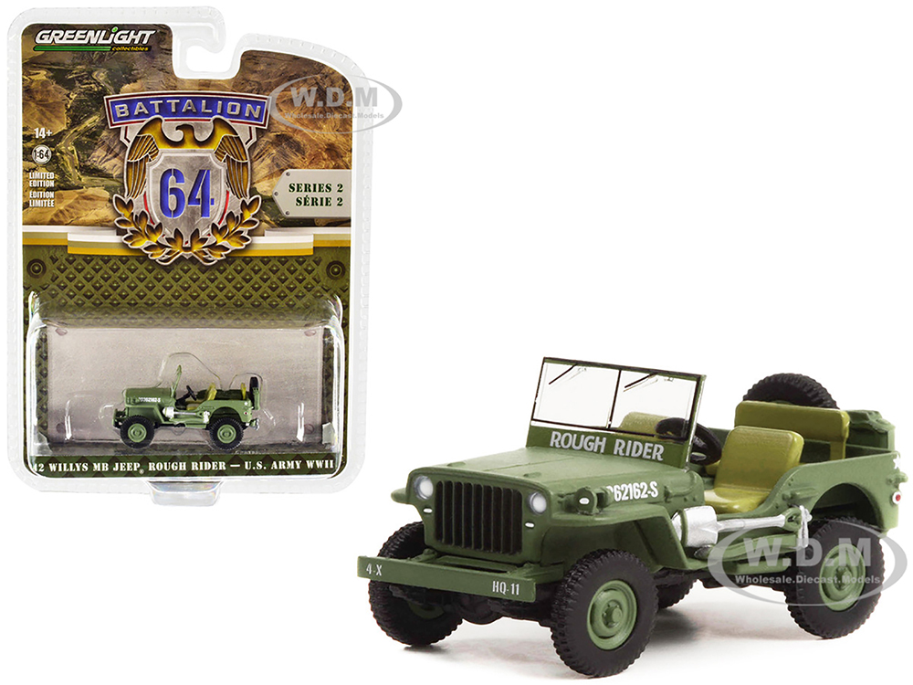 1942 Willys MB Jeep #20362162-S Green U.S. Army World War II - Rough Rider Battalion 64 Release 2 1/64 Diecast Model Car by Greenlight