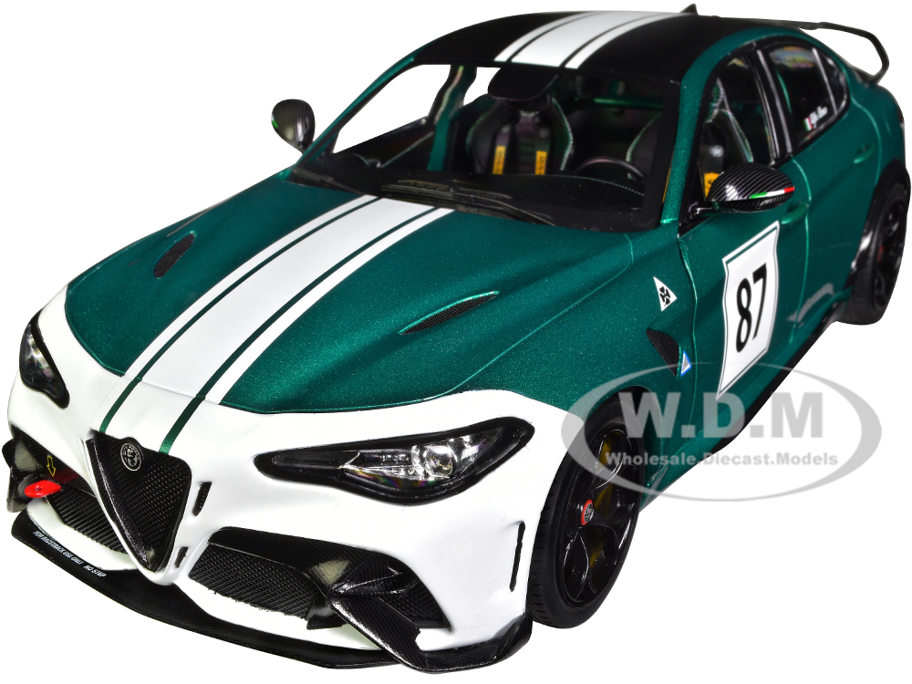 2021 Alfa Romeo Giulia GTA M 87 Green Metallic with Carbon Top and White Stripes "Nurburgring 1973" Tribute "Competition" Series 1/18 Diecast Model C