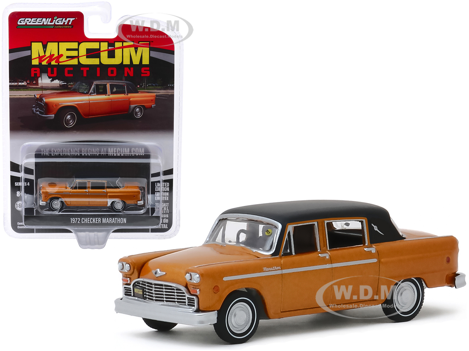 Image of 1972 Checker Marathon Gold Metallic with Black Top (Chicago 2018) "Mecum Auctions Collector Cars" Series 4 1/64 Diecast Model Car by Greenlight