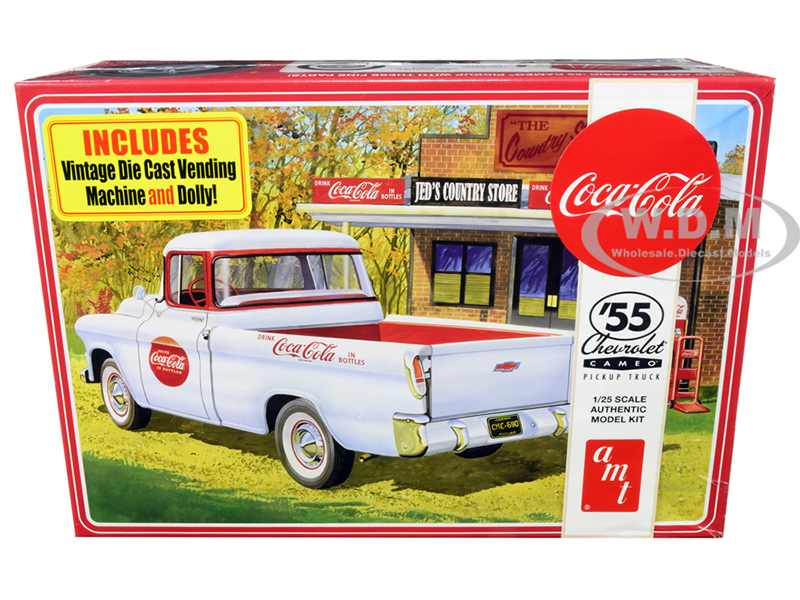 Skill 3 Model Kit 1955 Chevrolet Cameo Pickup Truck Coca-Cola with Vintage Vending Machine and Dolly 1/25 Scale Model by AMT