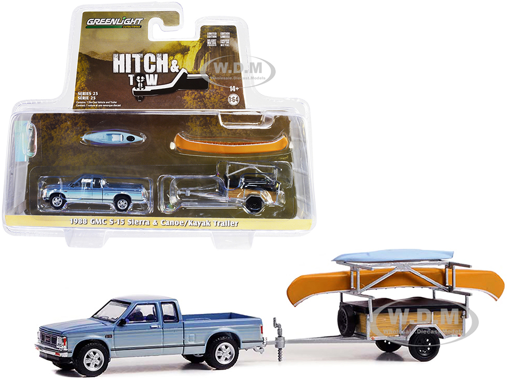 1988 GMC S-15 Sierra Pickup Truck Blue Metallic and White with Stripes and Canoe Trailer and Canoe Rack with Canoe and Kayak Hitch & Tow Series 25 1/64 Diecast Model Car by Greenlight