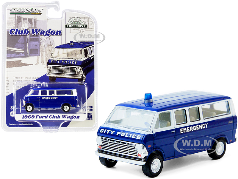 Image of 1969 Ford Club Wagon Bus Dark Blue and White "City Police Emergency" "Hobby Exclusive" 1/64 Diecast Model Car by Greenlight