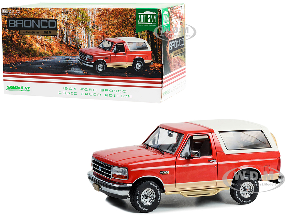 1994 Ford Bronco "Eddie Bauer Edition" Electric Red Metallic and Tucson Bronze with White Top "Artisan Collection 1/18 Diecast Model Car by Greenligh