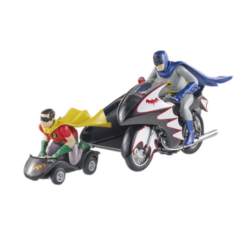 1966 Batcycle Elite Edition and Side Car with Batman and Robin Figures 1/12 Diecast Model by Hot Wheels