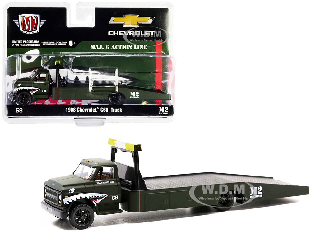 1968 Chevrolet C60 Flatbed Truck 68 Matt Dark Green with Graphics "Maj. G Action Line" Limited Edition to 21120 pieces Worldwide 1/64 Diecast Model b