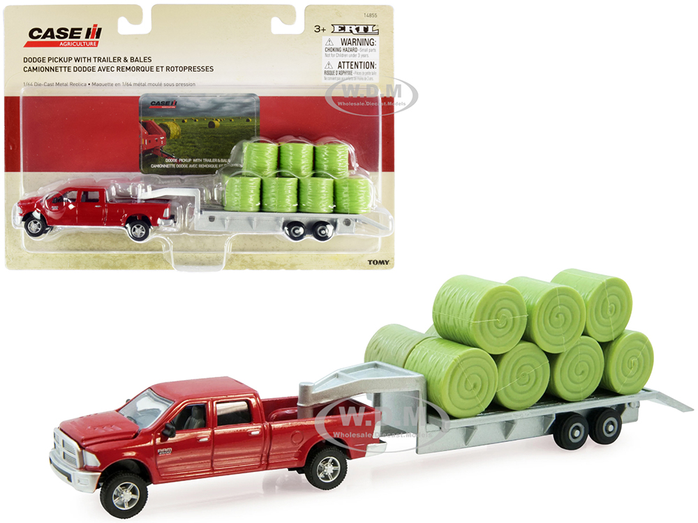 Dodge Ram 2500 Heavy Duty Pickup Truck Red with Flatbed Trailer Silver and 11 Hay Bales Set of 3 pieces 