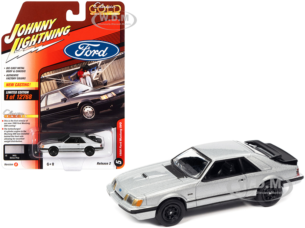 1986 Ford Mustang SVO Silver Metallic with Black Stripes Classic Gold Collection Series Limited Edition to 12768 pieces Worldwide 1/64 Diecast Model Car by Johnny Lightning