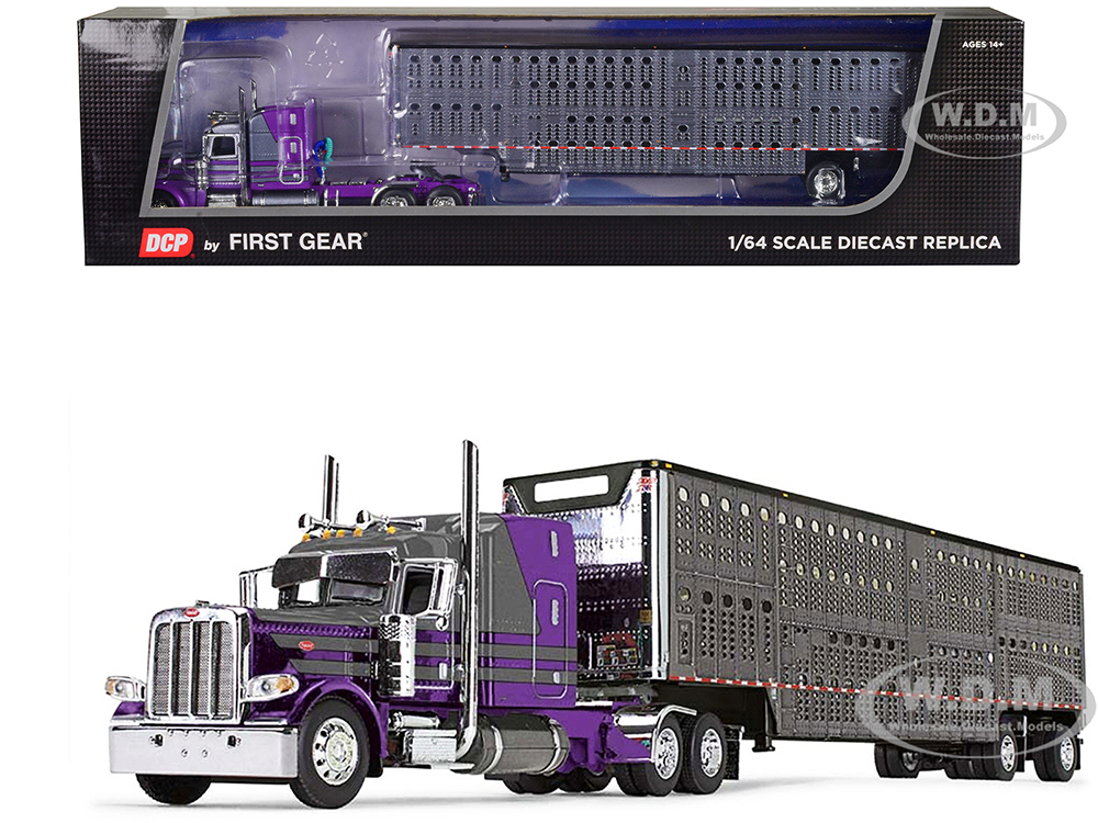Peterbilt 389 with 63 Mid-Roof Sleeper and Wilson Silverstar Livestock Trailer Purple and Gunmetal Gray 1/64 Diecast Model by DCP/First Gear