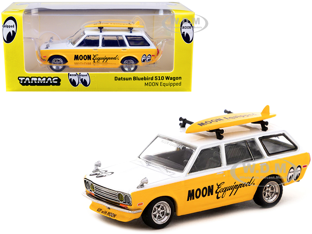 Datsun Bluebird 510 Wagon Yellow and White "MOON Equipped" with Roof Rack and Surfboard "Global64" Series 1/64 Diecast Model Car by Tarmac Works