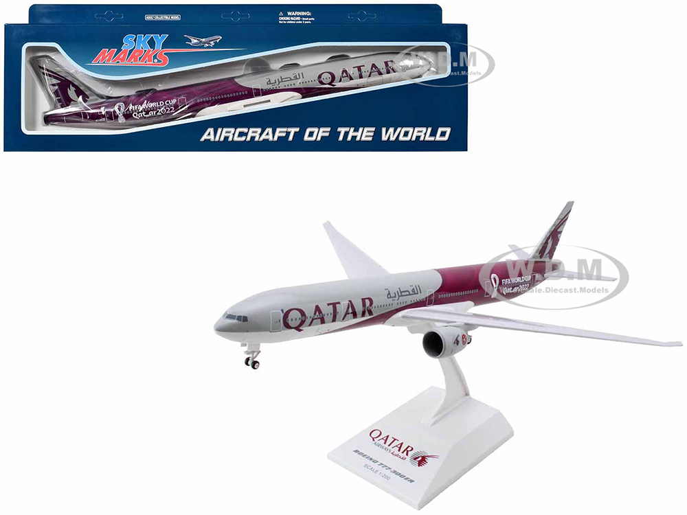 Boeing 777-300 Commercial Aircraft with Landing Gear Qatar Airways - FIFA World Cup Qatar 2022 Gray and Dark Red (Snap-Fit) 1/200 Plastic Model by Skymarks