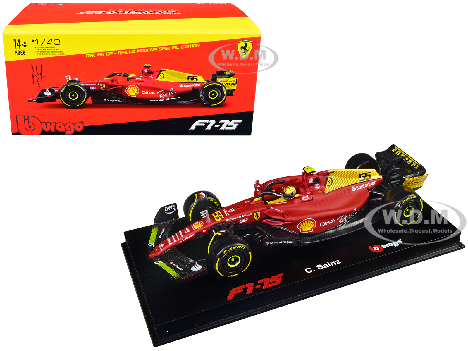 Ferrari F1-75 #55 Carlos Sainz Giallo Modena Formula One F1 Italian GP (2022) Formula Racing Series with Display Case 1/43 Diecast Model Car by Bburago