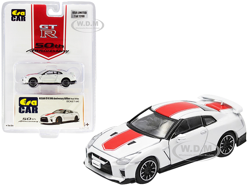 Nissan GT-R RHD (Right Hand Drive) Pearl White with Red Stripe 50th Anniversary Edition Limited Edition to 1200 pieces 1/64 Diecast Model Car by Era Car