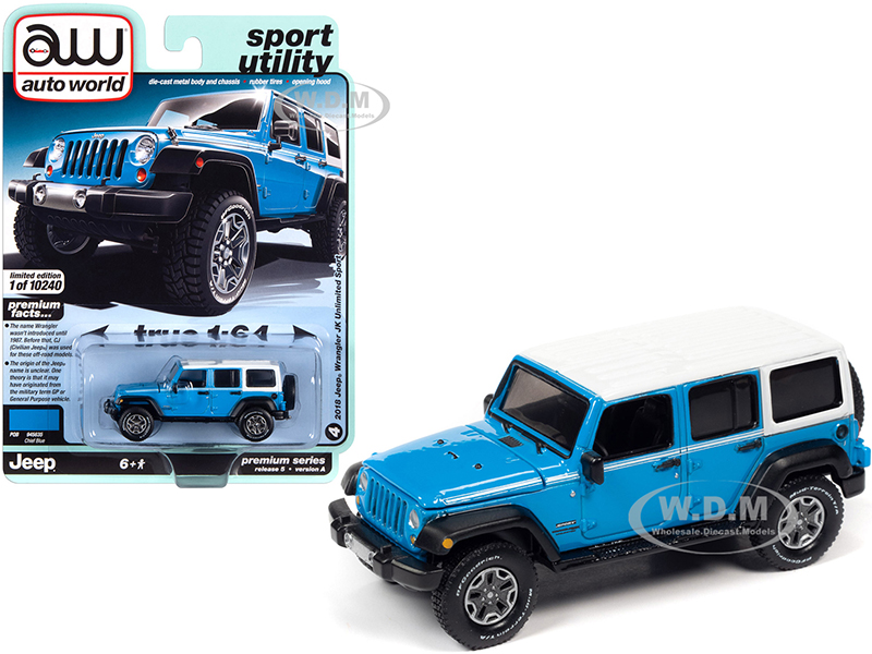 Image of 2018 Jeep Wrangler JK Unlimited Sport Chief Blue with White Top and White Stripes "Sport Utility" Limited Edition to 10240 pieces Worldwide 1/64 Diec