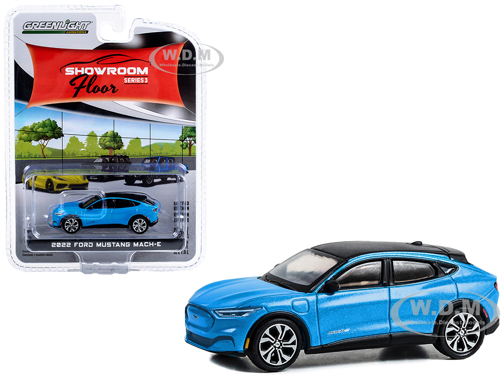2022 Ford Mustang Mach-E Grabber Blue Metallic with Black Top "Showroom Floor" Series 3 1/64 Diecast Model Car by Greenlight