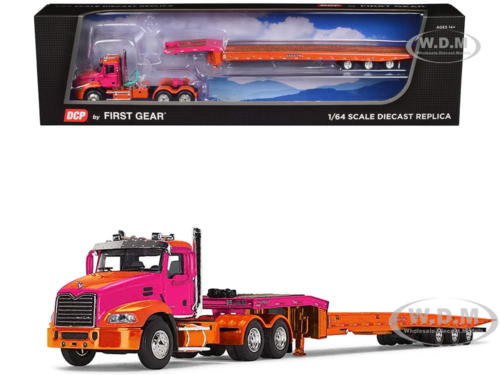 Mack Pinnacle Day Cab with Aftermarket Minimizer Parts and Talbert 5553TA Traveling-Axle Trailer Orange and Fuchsia 1/64 Diecast Model by DCP/First G