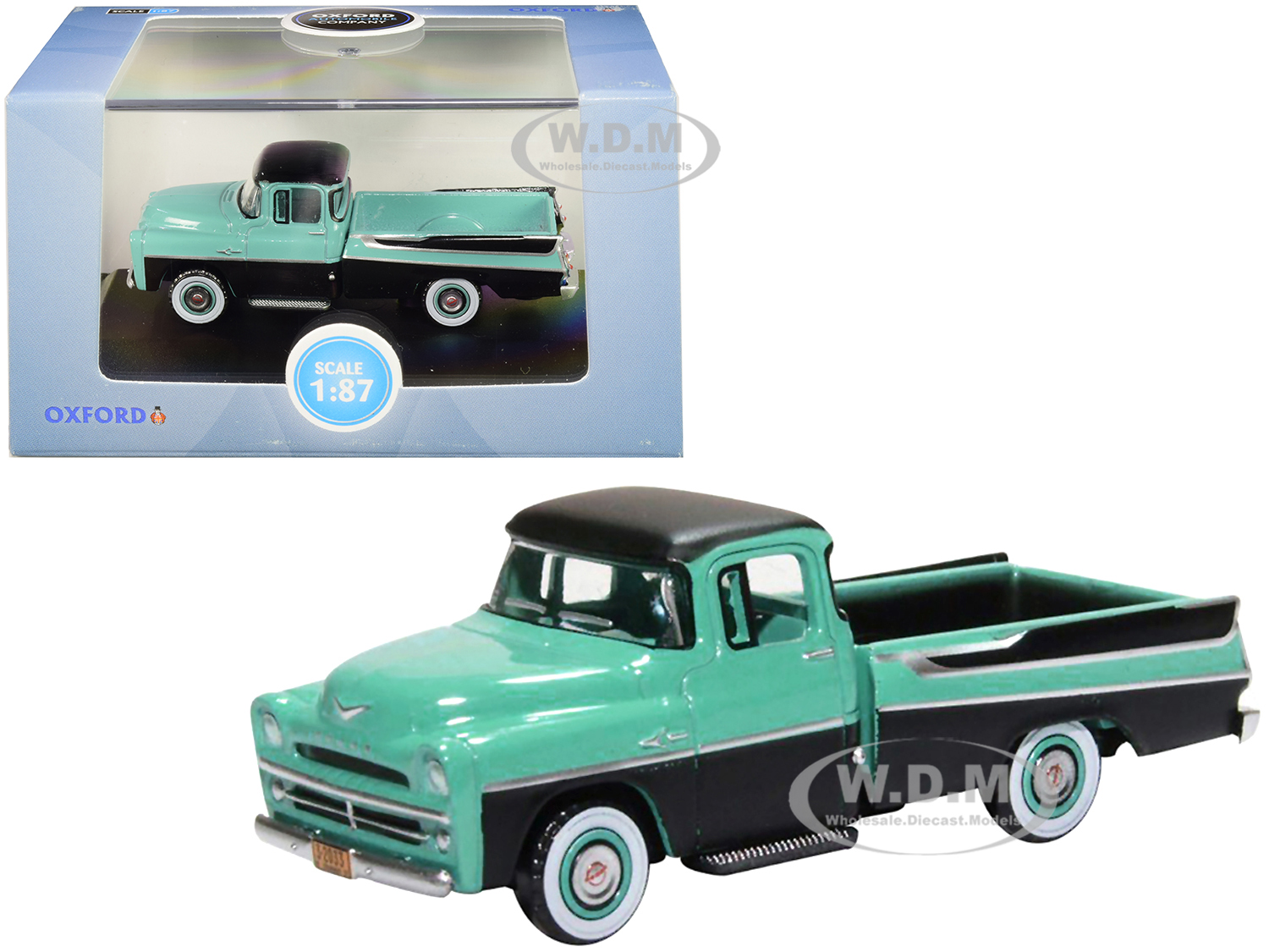 Image of 1957 Dodge D100 Sweptside Pickup Truck Turquoise and Jewel Black 1/87 (HO) Scale Diecast Model Car by Oxford Diecast