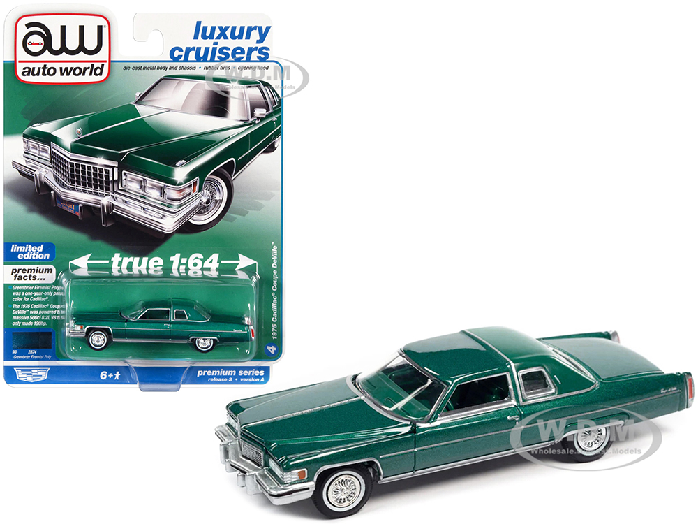 1975 Cadillac Coupe DeVille Greenbrier Firemist Green Metallic with Green Vinyl Top Luxury Cruisers Series Limited Edition 1/64 Diecast Model Car by Auto World