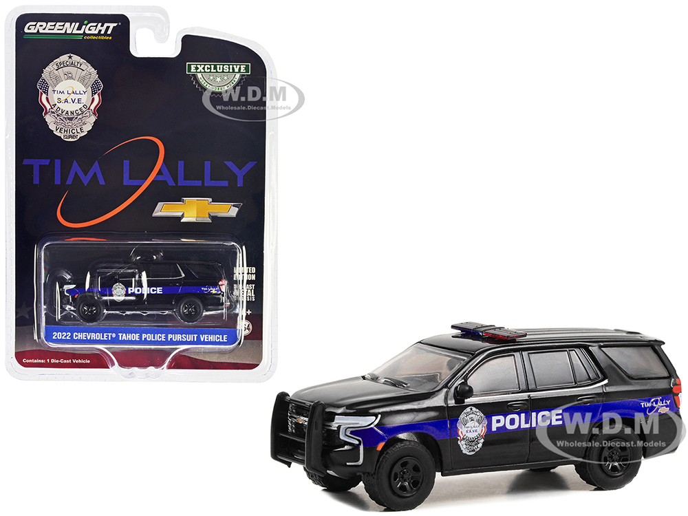 2022 Chevrolet Tahoe Police Pursuit Vehicle (PPV) Black with Blue Stripes Tim Lally Chevrolet Warrensville Heights Ohio Hobby Exclusive Series 1/64 Diecast Model Car by Greenlight