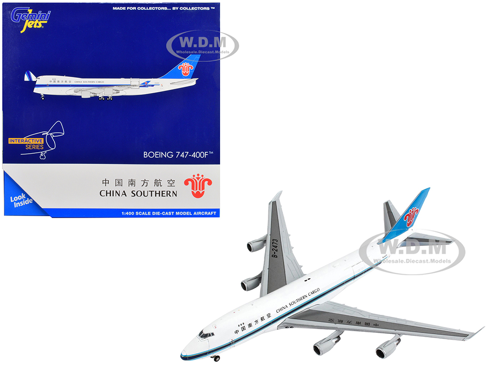 Boeing 747-400F Commercial Aircraft China Southern Cargo White with Black Stripes and Blue Tail Interactive Series 1/400 Diecast Model Airplane by GeminiJets