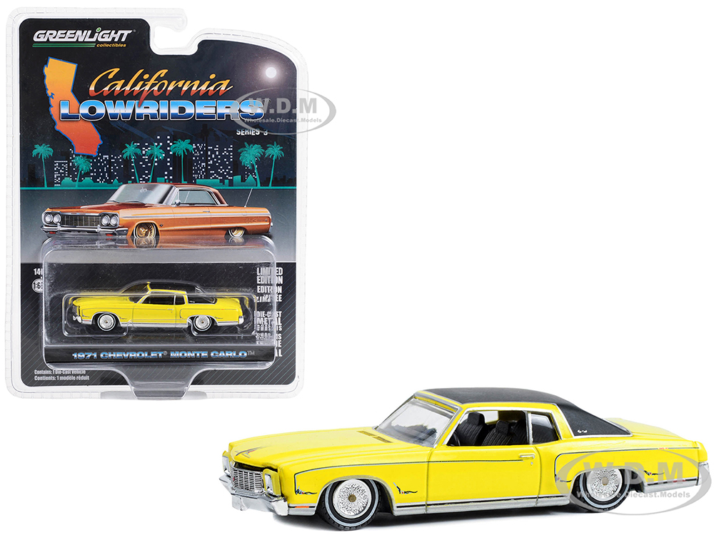 1971 Chevrolet Monte Carlo Lowrider Sunflower Yellow with Black Top "California Lowriders" Series 3 1/64 Diecast Model Car by Greenlight