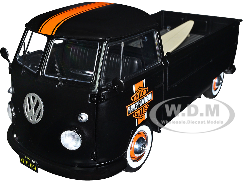 1950 Volkswagen T1 Custom Pickup Truck Matt Black with Orange Stripes Harley Davidson with Surfboard Accessory 1/18 Diecast Model Car by Solido