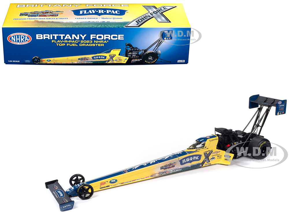 2023 NHRA TFD (Top Fuel Dragster) #1 Brittany Force Flav-R-Pac John Force Racing 1/24 Diecast Model Car by Auto World