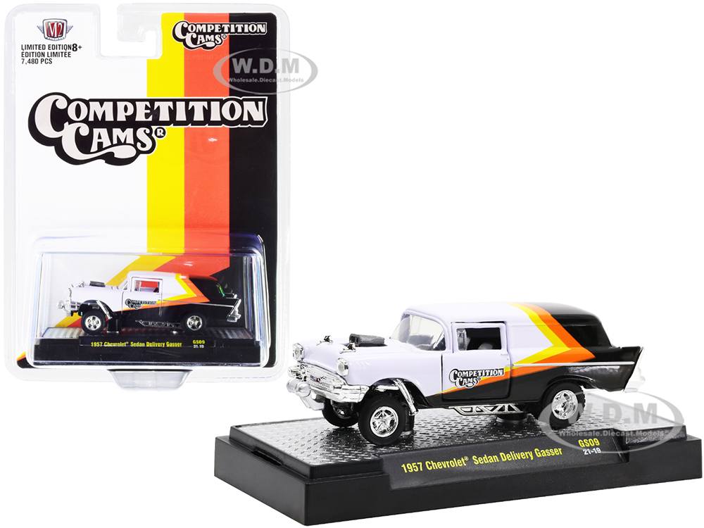 1957 Chevrolet Sedan Delivery Gasser Competition Cams White and Black with Yellow and Orange Stripes Limited Edition to 7480 pieces Worldwide 1/64 Diecast Model Car by M2 Machines