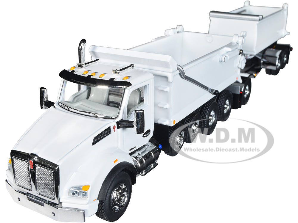 Kenworth T880 Quad-Axle Dump Truck and Rogue Transfer Tandem-Axle Dump Trailer Viper White 1/64 Diecast Model by DCP/First Gear