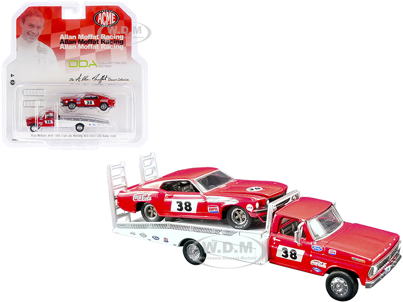 Ford F-350 Ramp Truck #38 Red and White with 1969 Ford Mustang Trans Am #38 Red Coca-Cola Allan Moffat Racing DDA Collectibles Series ACME Exclusive 1/64 Diecast Model Cars by Greenlight for ACME