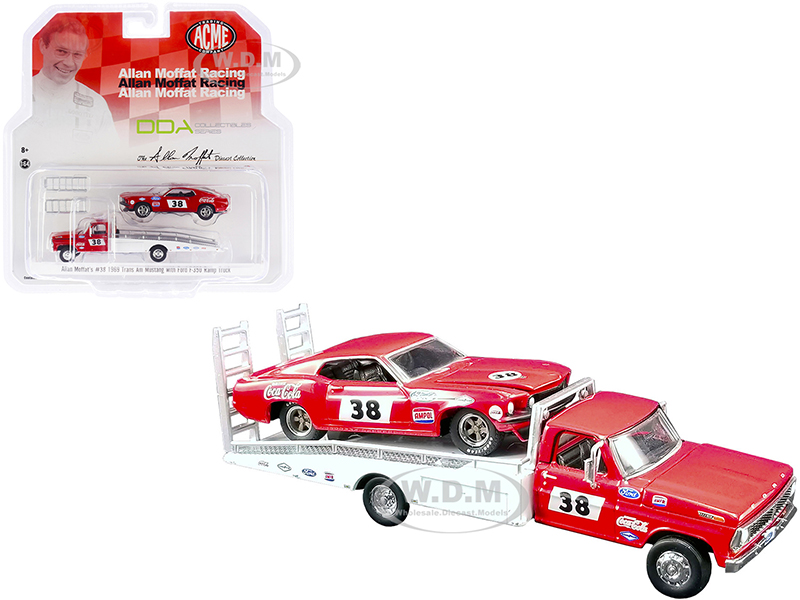 Ford F-350 Ramp Truck 38 Red and White with 1969 Ford Mustang Trans Am 38 Red "Coca-Cola" Allan Moffat Racing "DDA Collectibles" Series "ACME Exclusi