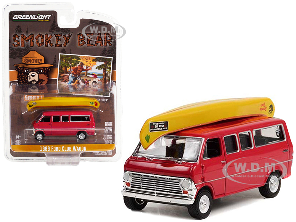 1969 Ford Club Wagon Van Red with Canoe on Roof "Care Will Prevent 9 Out Of 10 Forest Fires" "Smokey Bear" Series 1 1/64 Diecast Model Car by Greenli