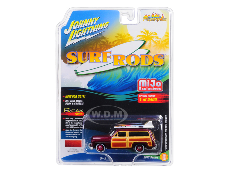 Image of 1950 Mercury Woody Wagon Custom Wild Cherry Limited Edition to 2400pc Worldwide "Surf Rods" 1/64 Diecast Model Car by Johnny Lightning