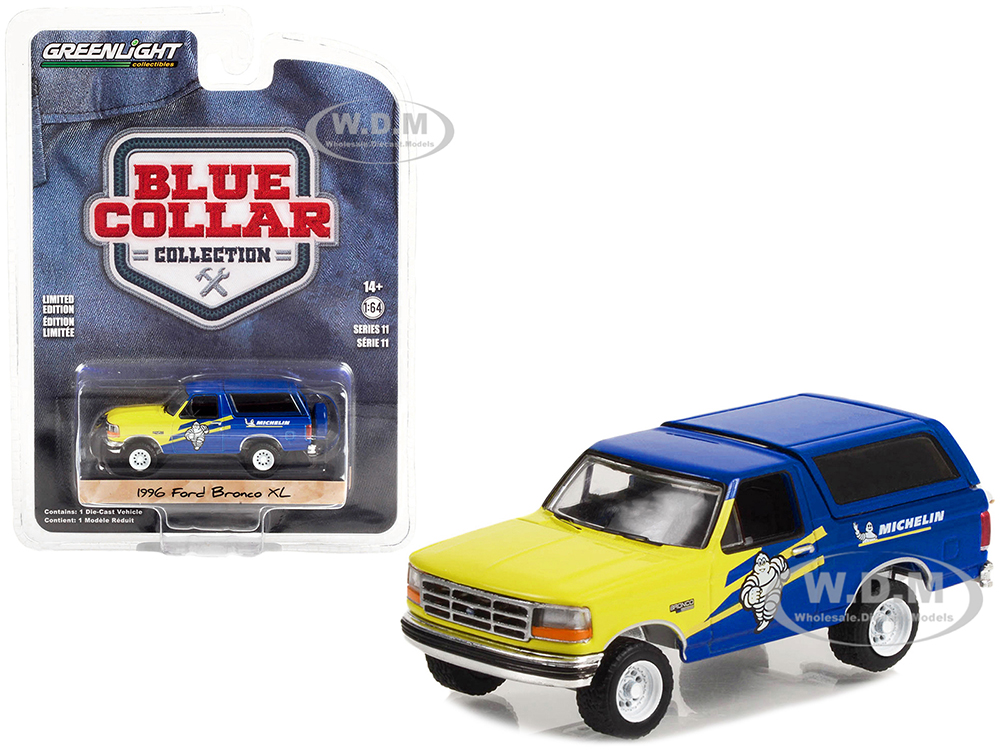 1996 Ford Bronco XL Blue and Yellow Michelin Tires Blue Collar Collection Series 11 1/64 Diecast Model Car by Greenlight