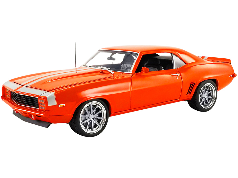 1969 Chevrolet Camaro Restomod Custom Hugger Orange with Silver Stripes Limited Edition to 800 pieces Worldwide 1/18 Diecast Model Car by ACME