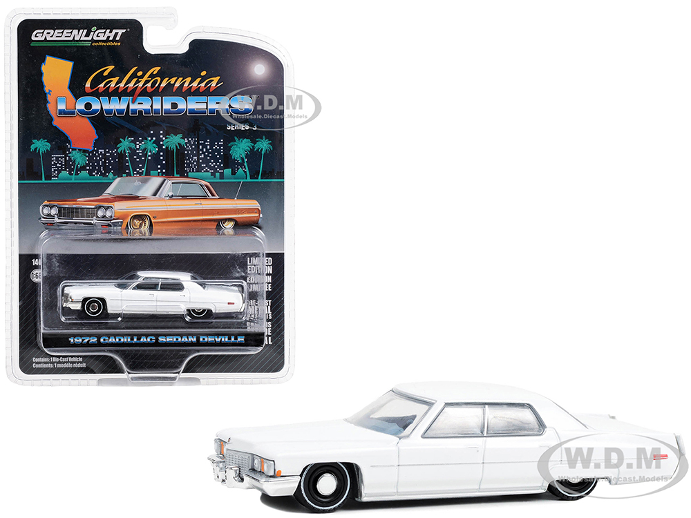1972 Cadillac Sedan deVille Lowrider Cotillion White with Blue Interior California Lowriders Series 3 1/64 Diecast Model Car by Greenlight