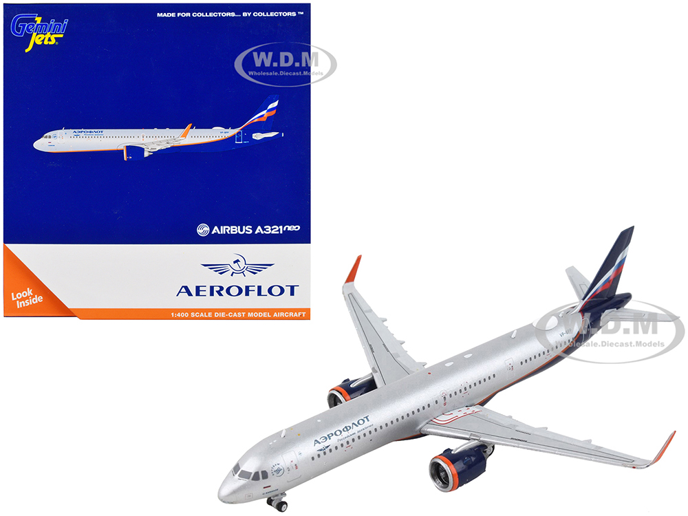 Airbus A321neo Commercial Aircraft Aeroflot Silver Metallic with Dark Blue Tail 1/400 Diecast Model Airplane by GeminiJets