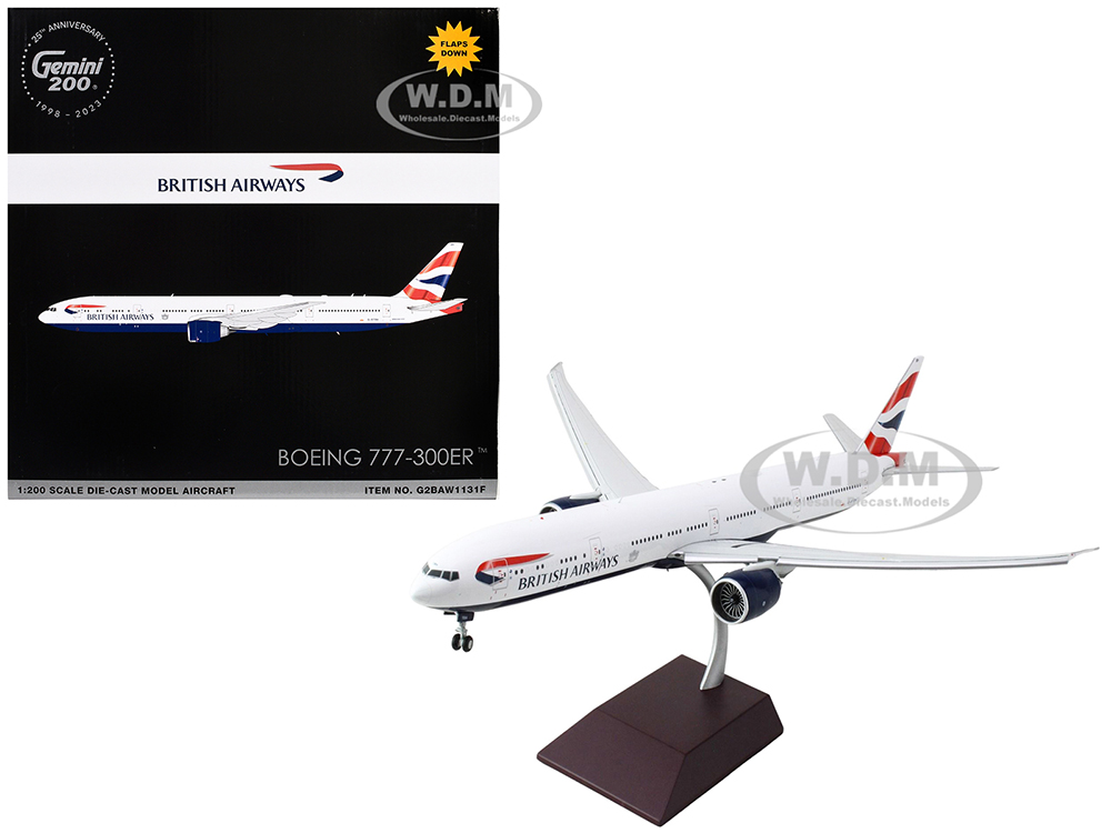 Boeing 777-300ER Commercial Aircraft with Flaps Down British Airways (G-STBH) White with Striped Tail Gemini 200 Series 1/200 Diecast Model Airplane by GeminiJets