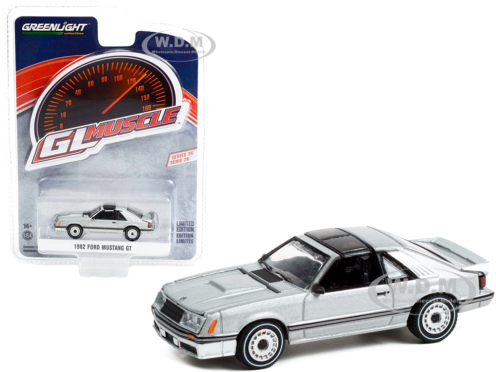 1982 Ford Mustang GT 5.0 Silver Metallic with Black Stripes Greenlight Muscle Series 26 1/64 Diecast Model Car by Greenlight
