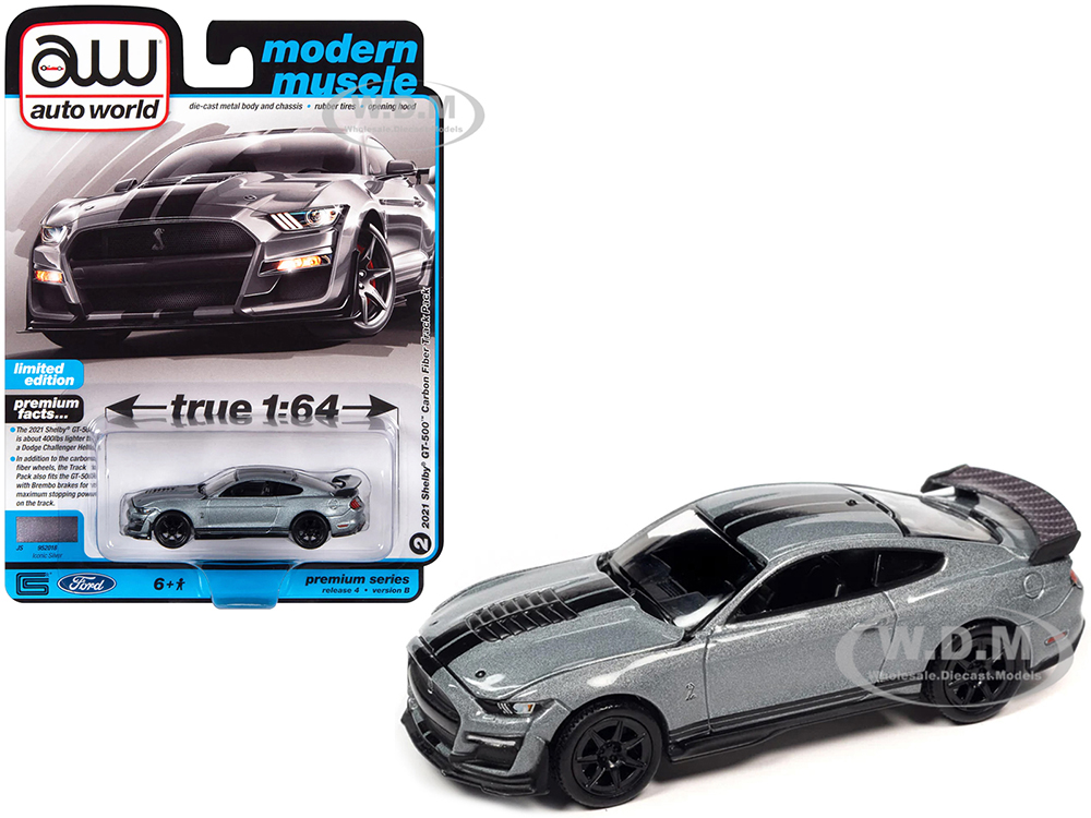 2021 Shelby GT500 Carbon Fiber Track Pack Iconic Silver Metallic with Black Stripes "Modern Muscle" Limited Edition 1/64 Diecast Model Car by Auto Wo