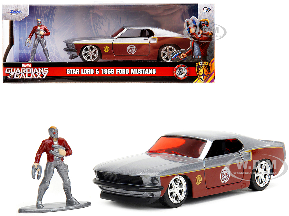1969 Ford Mustang Silver Metallic and Dark Red and Star Lord Diecast Figure "Marvel Guardians of the Galaxy" "Hollywood Rides" Series 1/32 Diecast Mo