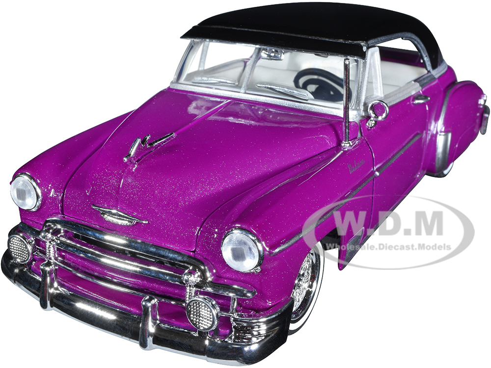 1950 Chevrolet Bel Air Lowrider Purple Metallic with Black Top and White Interior Get Low Series 1/24 Diecast Model Car by Motormax