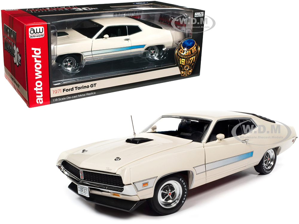 1971 Ford Torino GT Wimbledon White with Blue Laser Stripes Class of 1971 American Muscle 30th Anniversary (1991-2021) 1/18 Diecast Model Car by Auto World