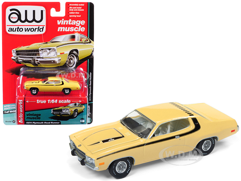 1974 Plymouth Road Runner Yellow Blaze With Black Stripes "auto Worlds Premium" Limited Edition To 1800 Pieces Worldwide 1/64 Diecast Model Car By Au