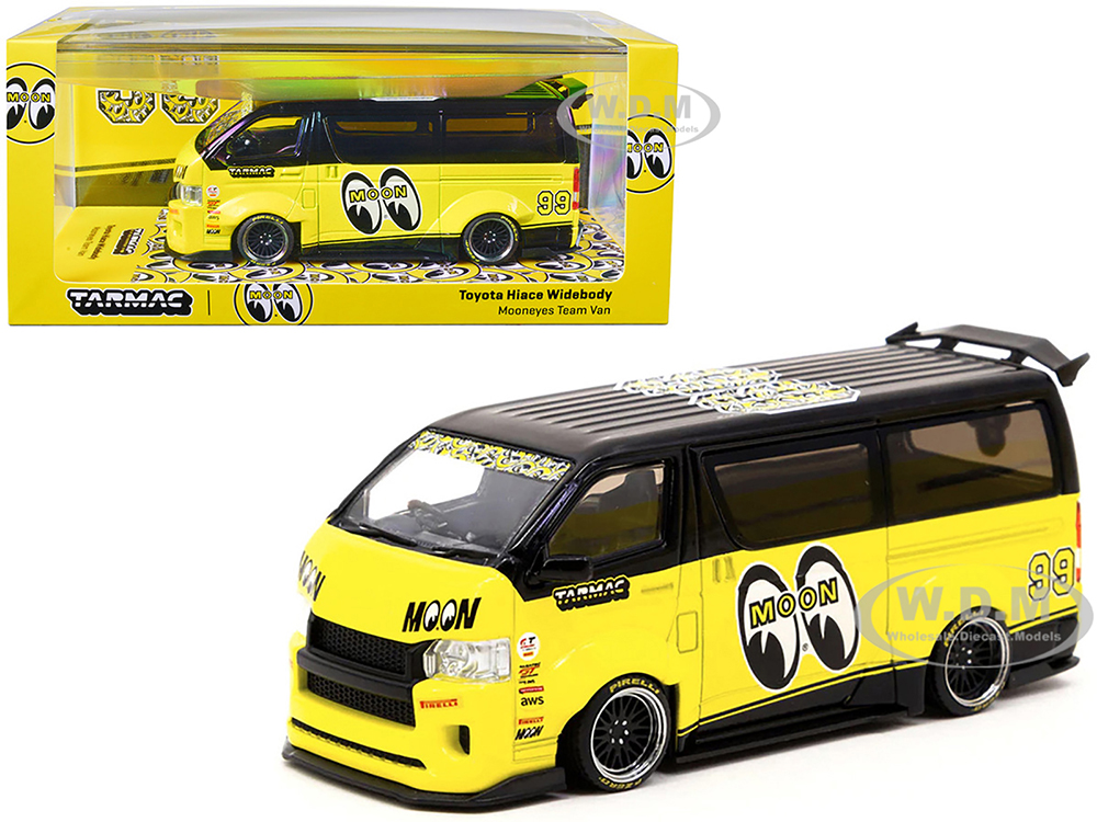 Toyota Hiace Widebody Van RHD (Right Hand Drive) #99 Mooneyes Team Van Yellow and Black with Graphics Hobby43 1/43 Diecast Model Car by Tarmac Works