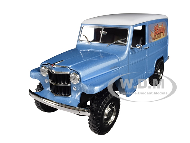 1955 Willys Jeep Station Wagon Silver Blue with White Top "Lucky" 1/18 Diecast Model Car by Road Signature