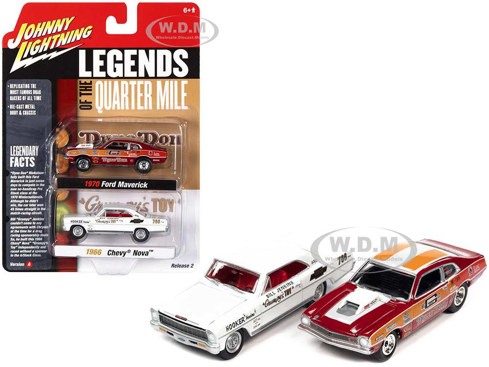 1970 Ford Maverick Red Orange and White Dyno Don Nicholson and 1966 Chevrolet Nova White Bill Grumpy Jenkins Legends of the Quarter Mile Series Set of 2 Cars 1/64 Diecast Model Cars by Johnny Lightning