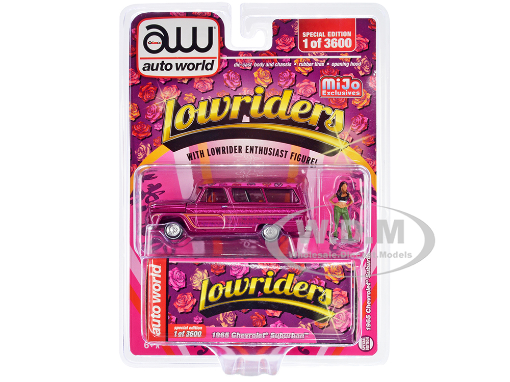1965 Chevrolet Suburban Lowrider Magenta Metallic with Graphics and "American Diorama" Lowrider Enthusiast Diecast Figure "Lowriders" Limited Edition