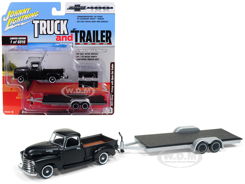 1950 Chevrolet Pickup Truck Matte Black With Open Car Trailer Limited Edition To 6016 Pieces Worldwide "truck And Trailer" Series 2 "chevrolet Trucks