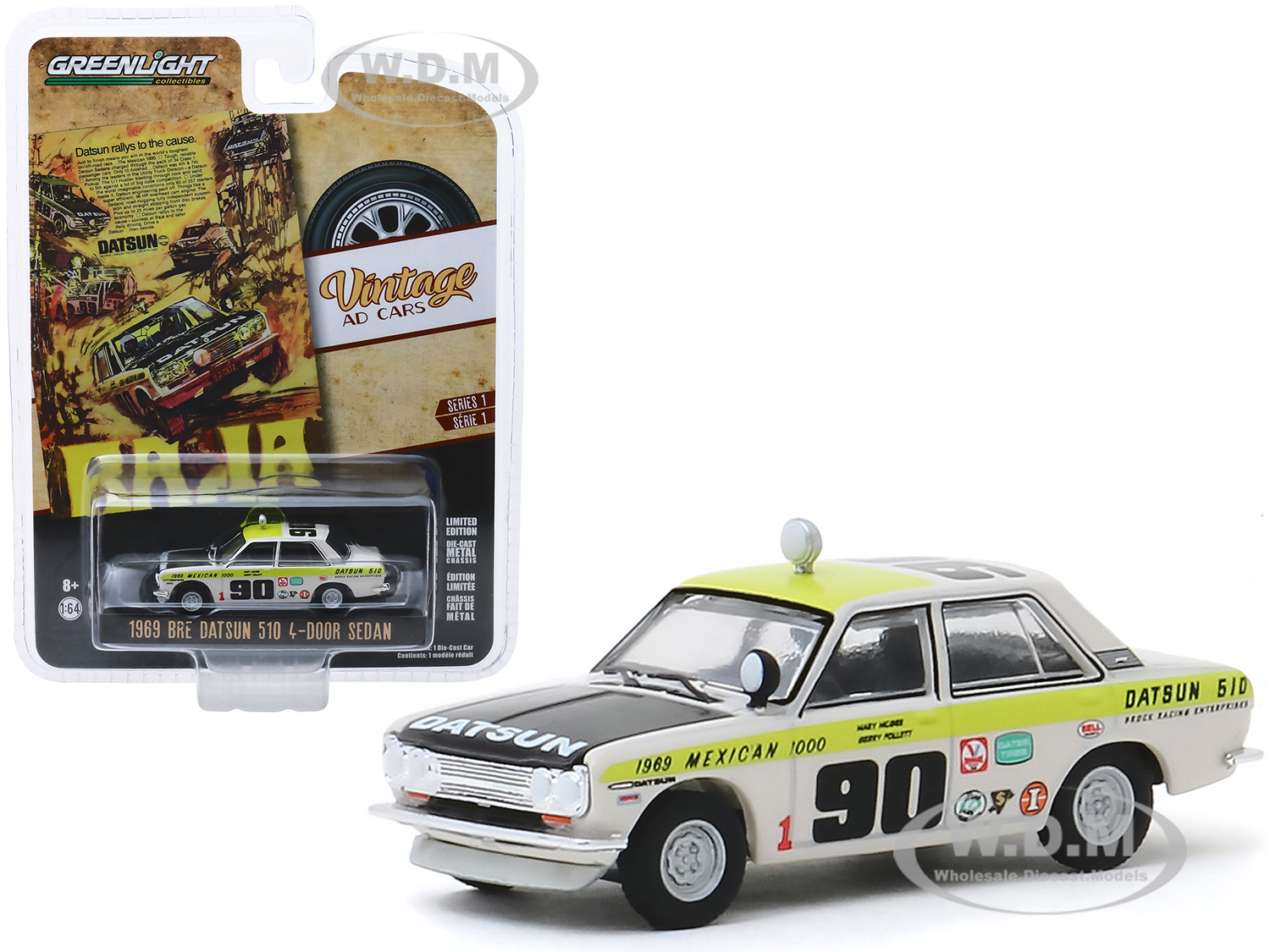 1969 Datsun 510 4-door Sedan 90 "1969 Mexican 1000" "datsun Rallys To The Cause" "vintage Ad Cars" Series 1 1/64 Diecast Model Car By Greenlight